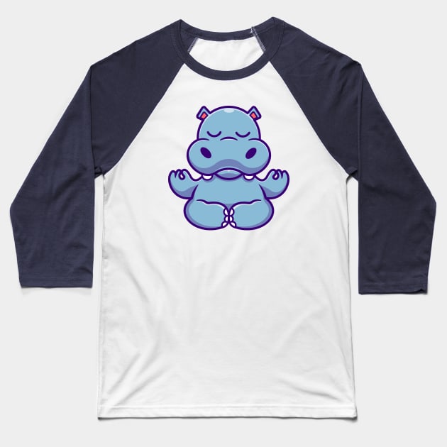 Cute Hippo Meditating Yoga Cartoon Baseball T-Shirt by Catalyst Labs